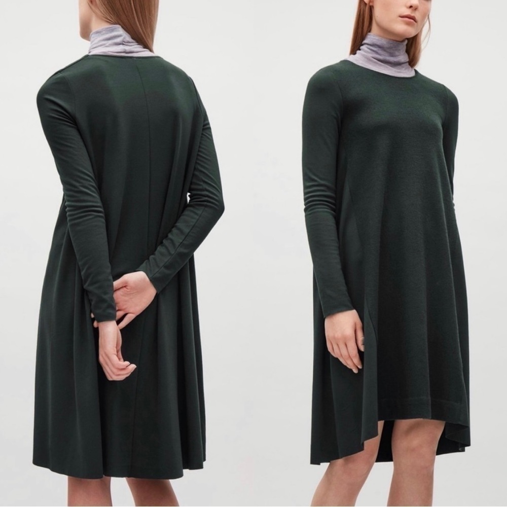 COS Wool Blend Contrast Dark Green A-line Swing Dress Size S